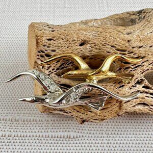 Vintage Birds In Flight Brooch Gold & Silver Tone With Rhinestones 1.75"